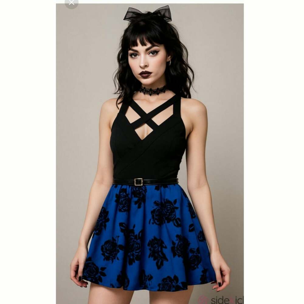 Whimsigoth velvet burnout formal blk/blue floral  mini dress Coquette J size 13